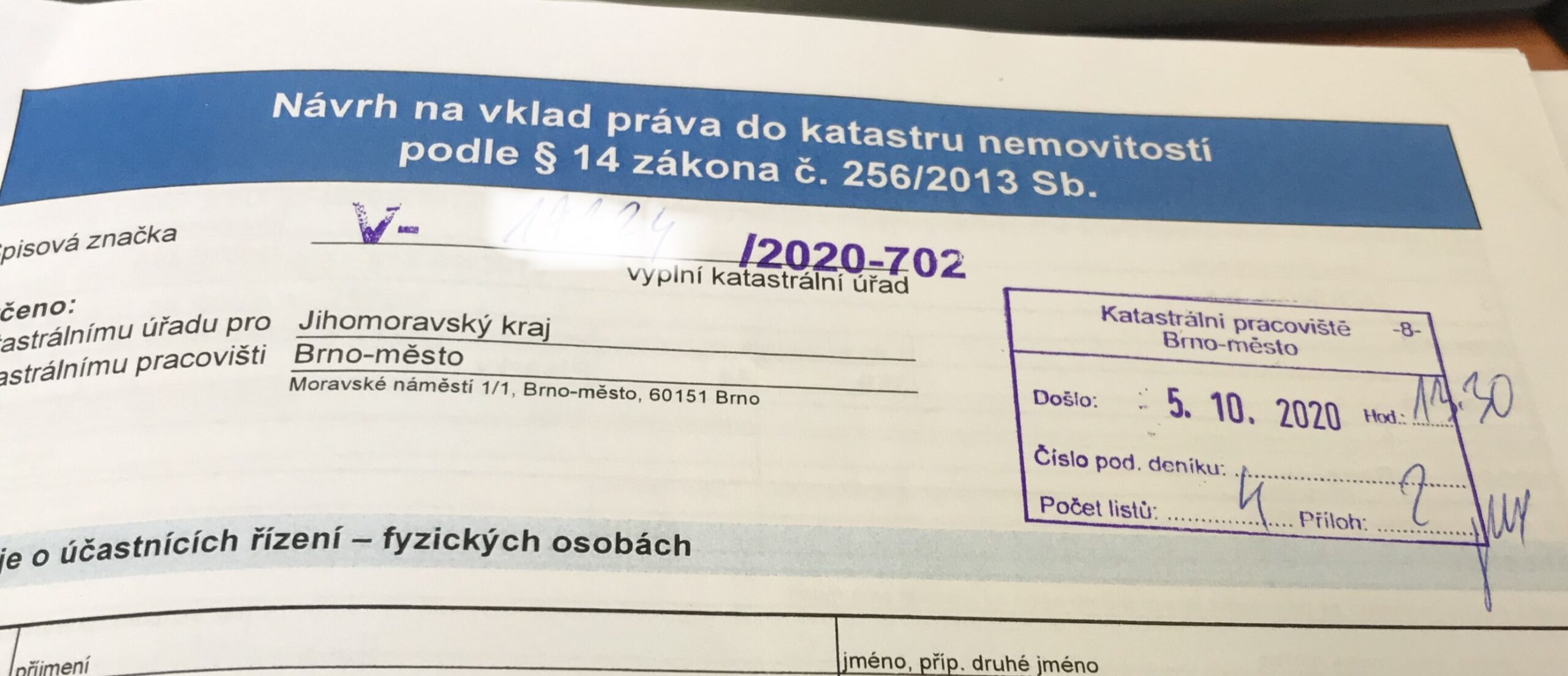 Řízení při podání návrhu na vklad